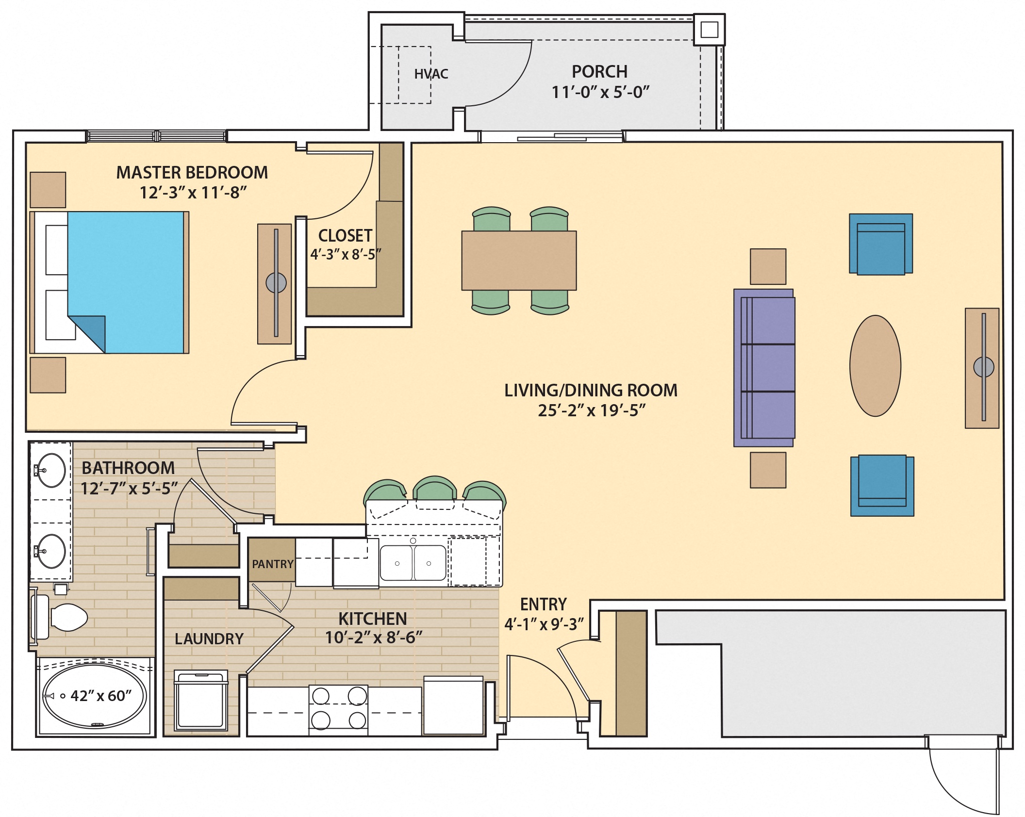 Floor plan for 1 bed, 1 bath, 1083 sqft